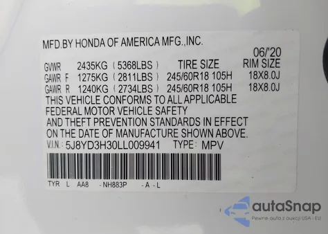 2020 Acura Mdx Standard from USA, damaged, VIN 5J8YD3H30LL009941